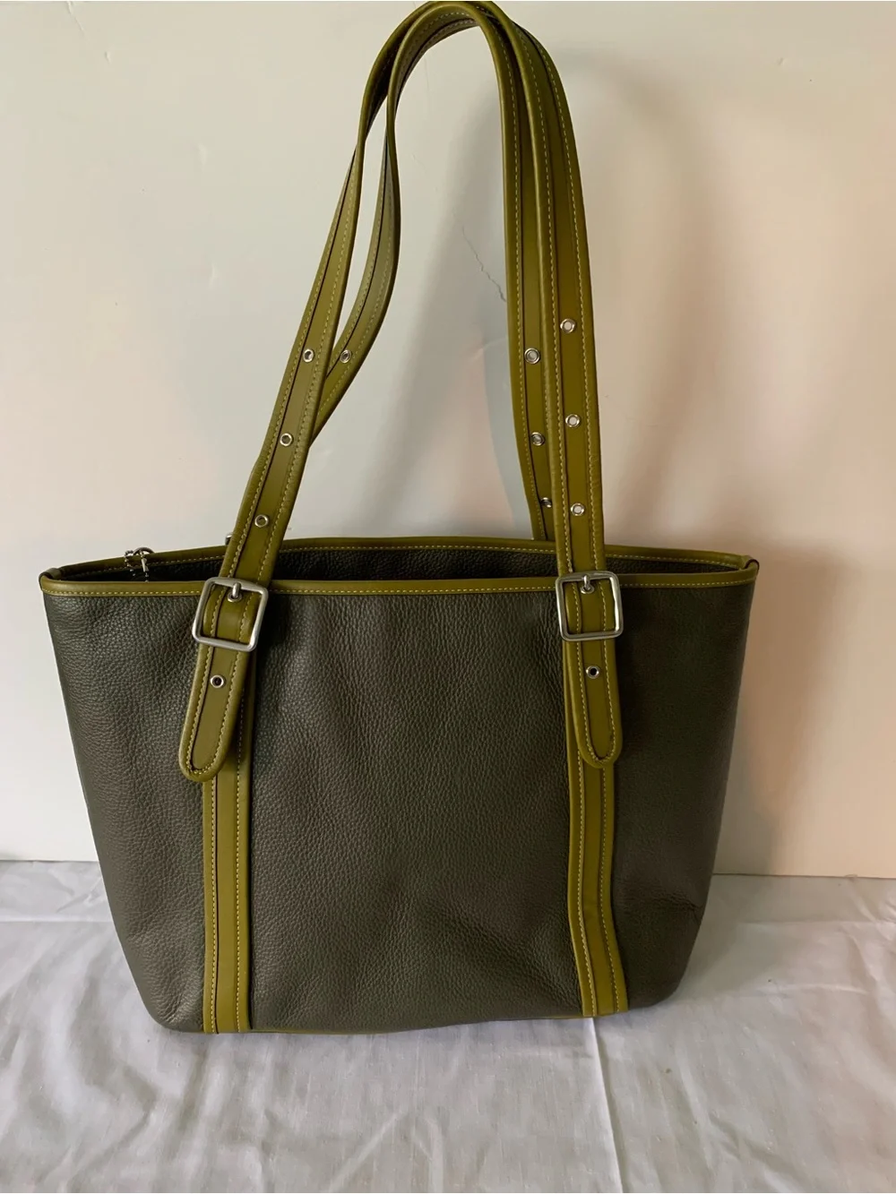 Coach Olive Green Leather Tote with Contrast Trim